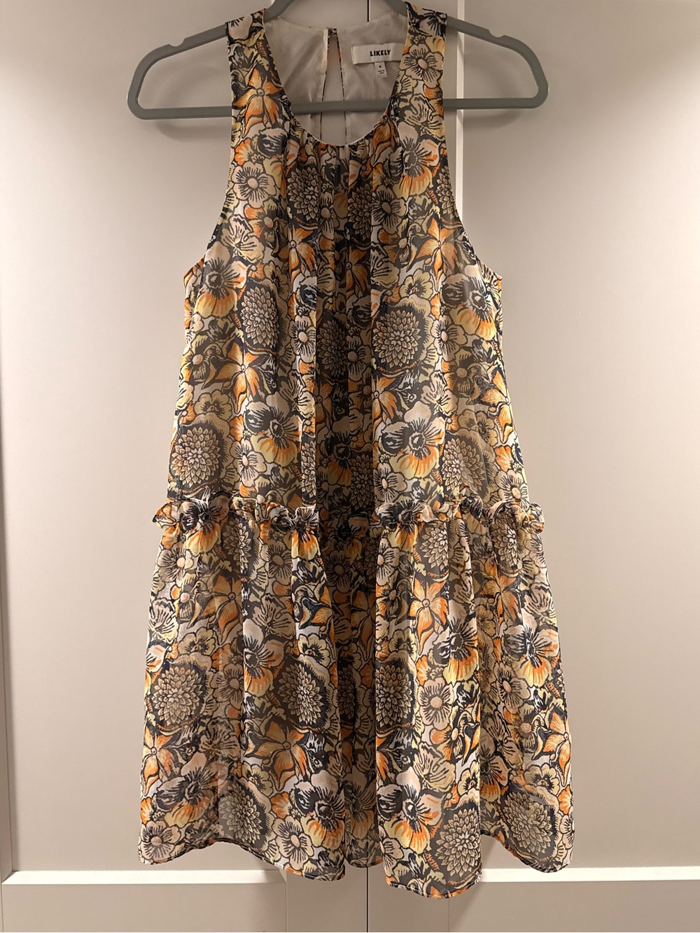 Likely Floral Mini Tiered Dress in Yellow, Gray, Cream